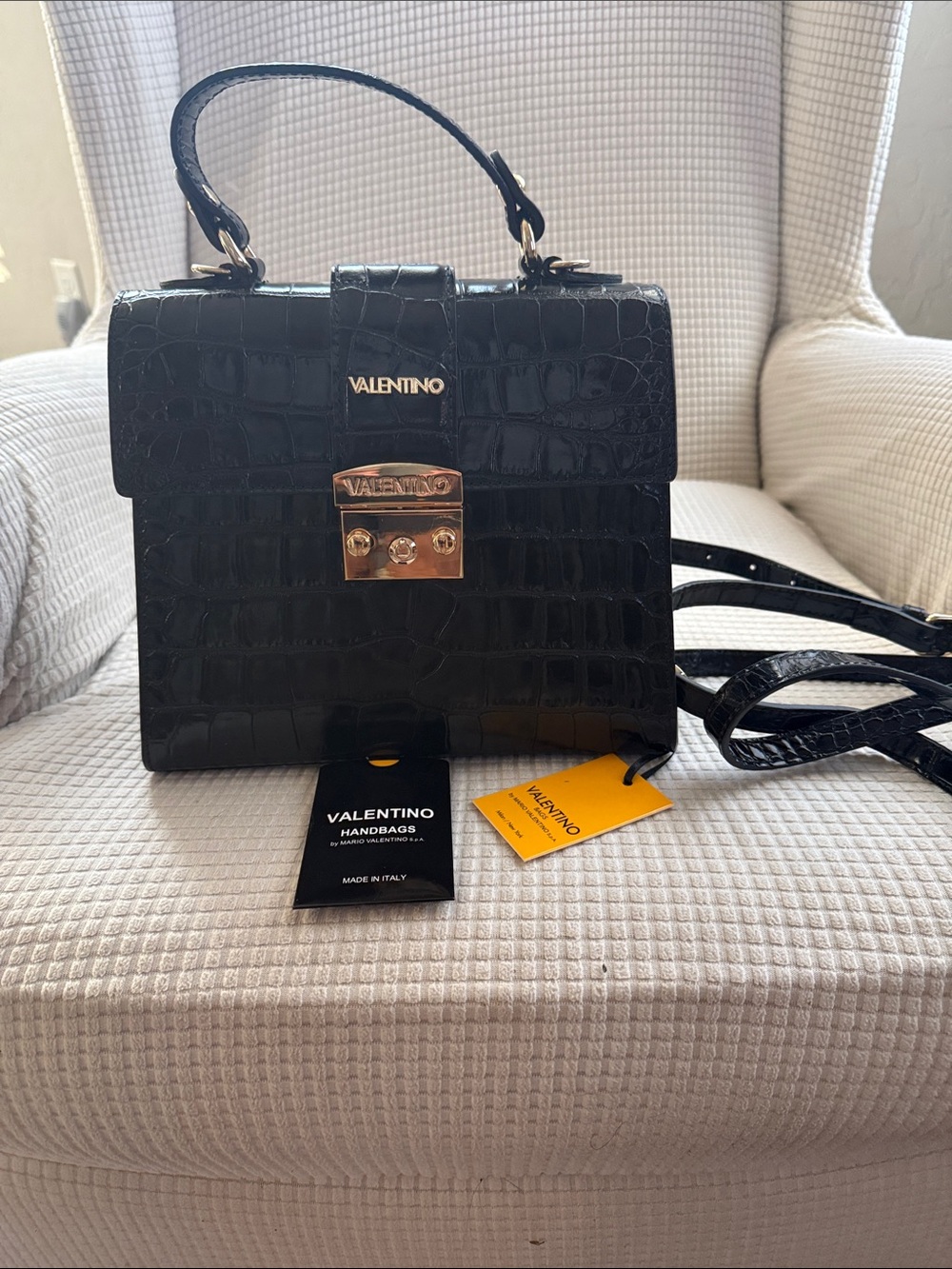 Valentino Black Croc-Embossed Mini Satchel with Gold Hardware